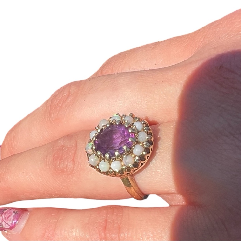 Vintage Amethyst and Seed Opal 10k Gold Ring Size 5.5/6 Estate Hallmarked - Picture 12 of 16